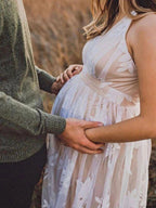 EB-Fashion Fotoshooting-Kleider, Bohemian-Stil, Babyparty, Spitze, Tüll, V-Ausschnitt, Umstandsmode, Weiß, Maxi