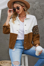 R&B | Leopard Farbblock Knopfleiste Cord Baumwolljacke