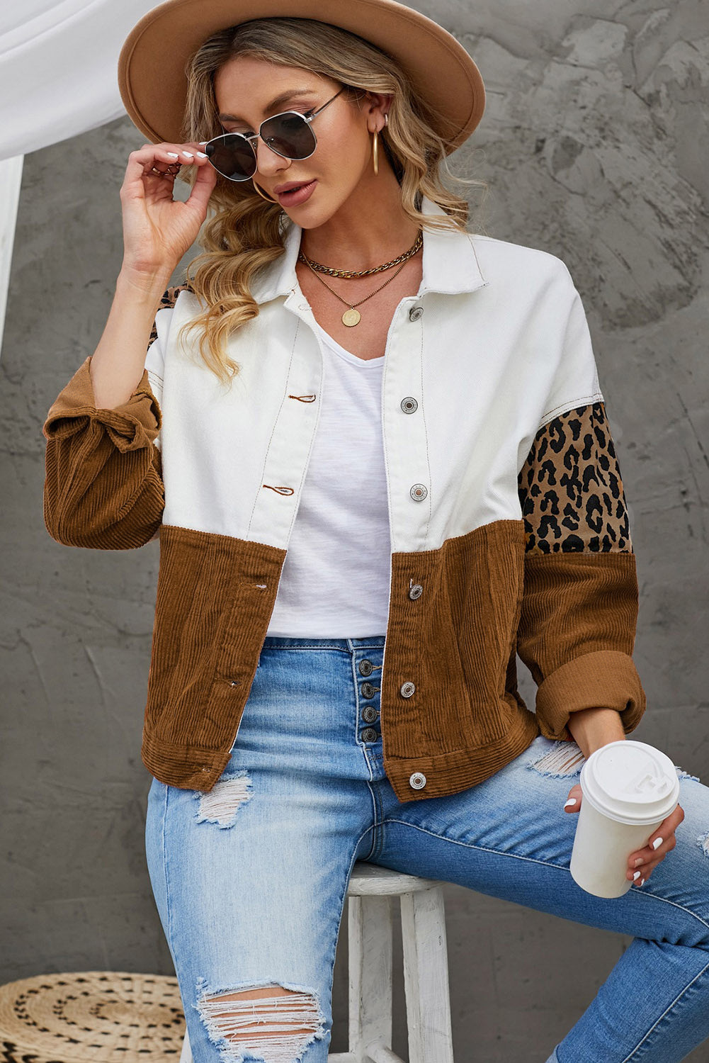 R&B | Leopard Farbblock Knopfleiste Cord Baumwolljacke