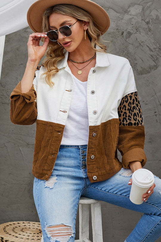 R&B | Leopard Farbblock Knopfleiste Cord Baumwolljacke