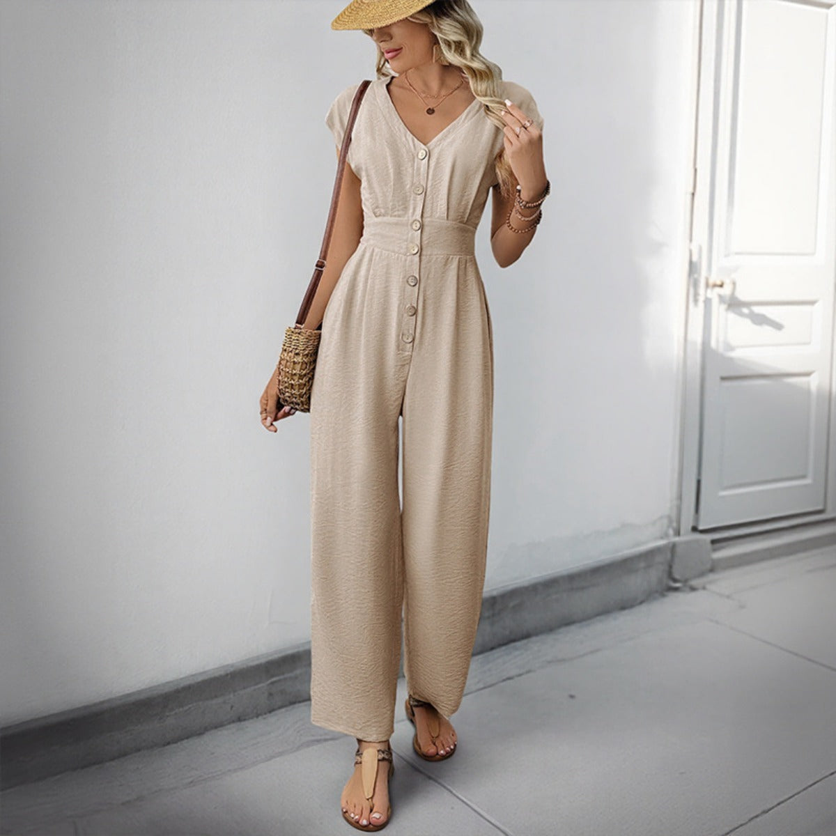 R&B | V-Ausschnitt einfarbiger elastischer Overall mit hoher Taille und weitem Bein