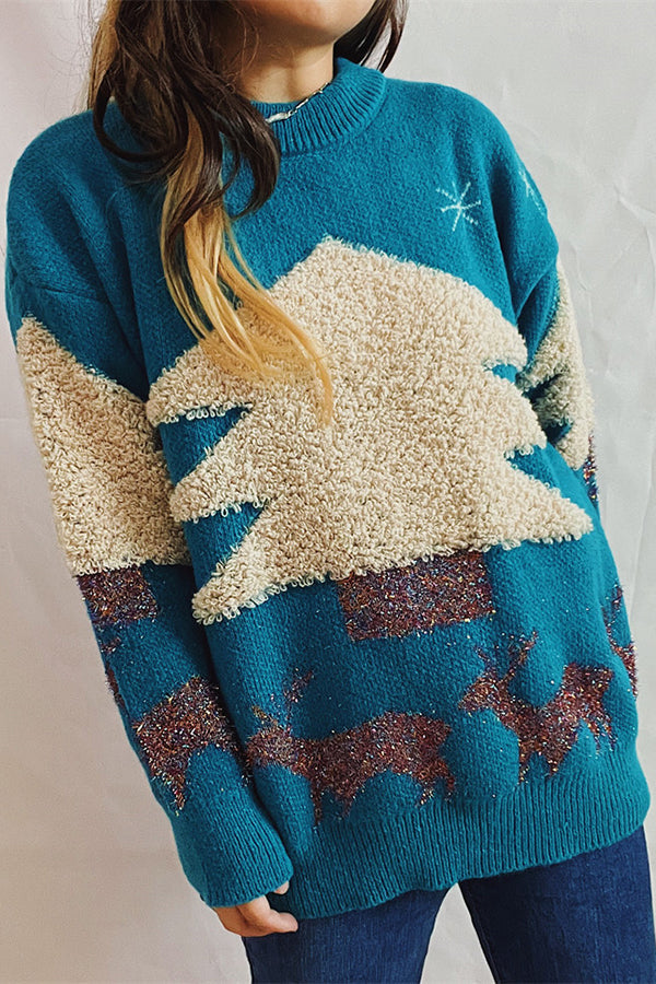 R&B | Weihnachtsmuster Gestrickter Rundhalsausschnitt Langarmpullover