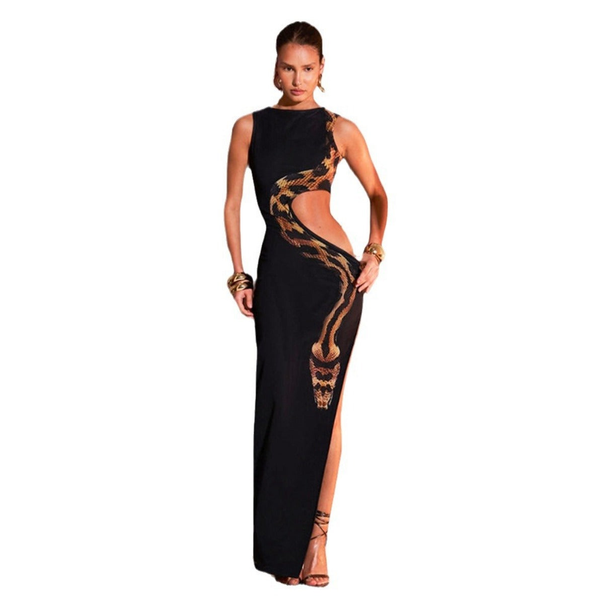 R&B | Ärmelloses, eng anliegendes, hohles Kleid mit geteiltem Ende