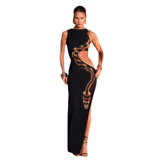 R&B | Ärmelloses, eng anliegendes, hohles Kleid mit geteiltem Ende