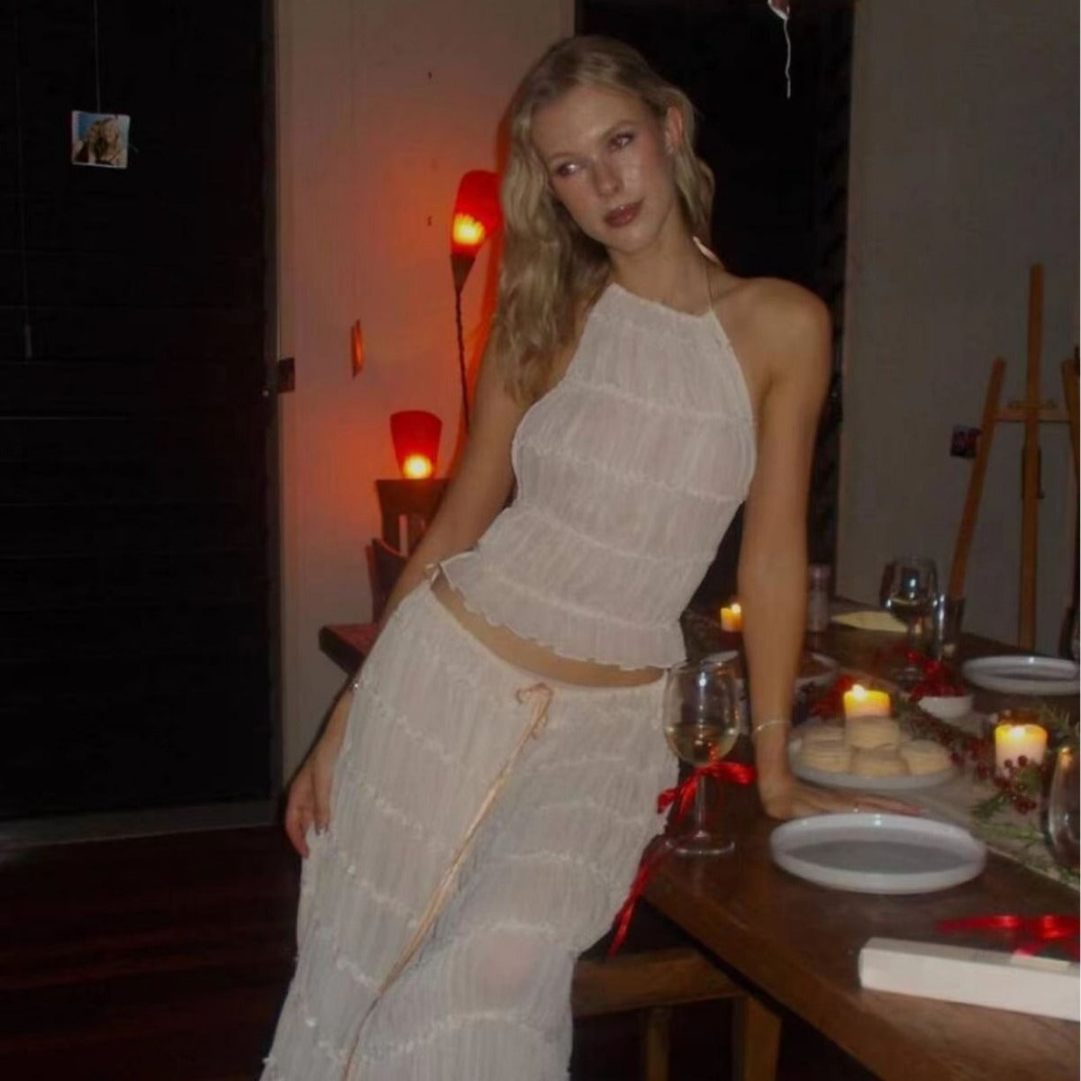R&B | Neckholder Spitzenweste langes Kleid Set