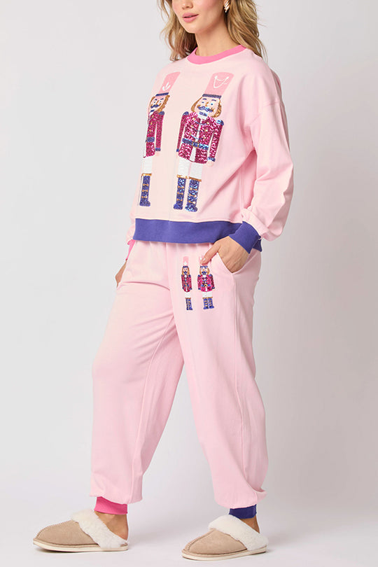 R&B | Weihnachtsmann Pailletten Freizeit Sweatshirt und elastische Taillen lockere Taschenhose Set