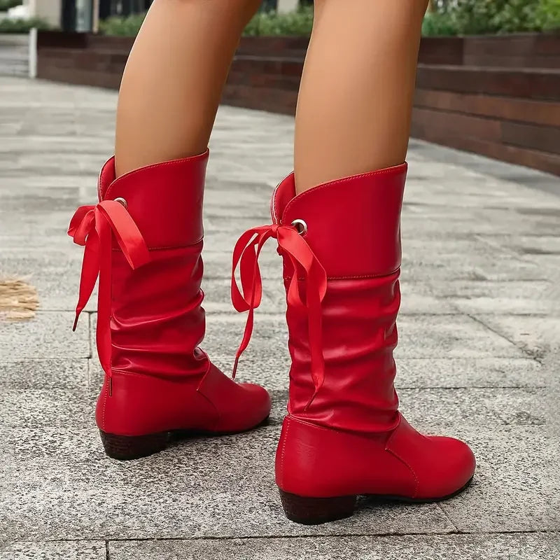 R&B | Damenmode Schnürung Chunky Heel Stiefel Bis Zur Wade