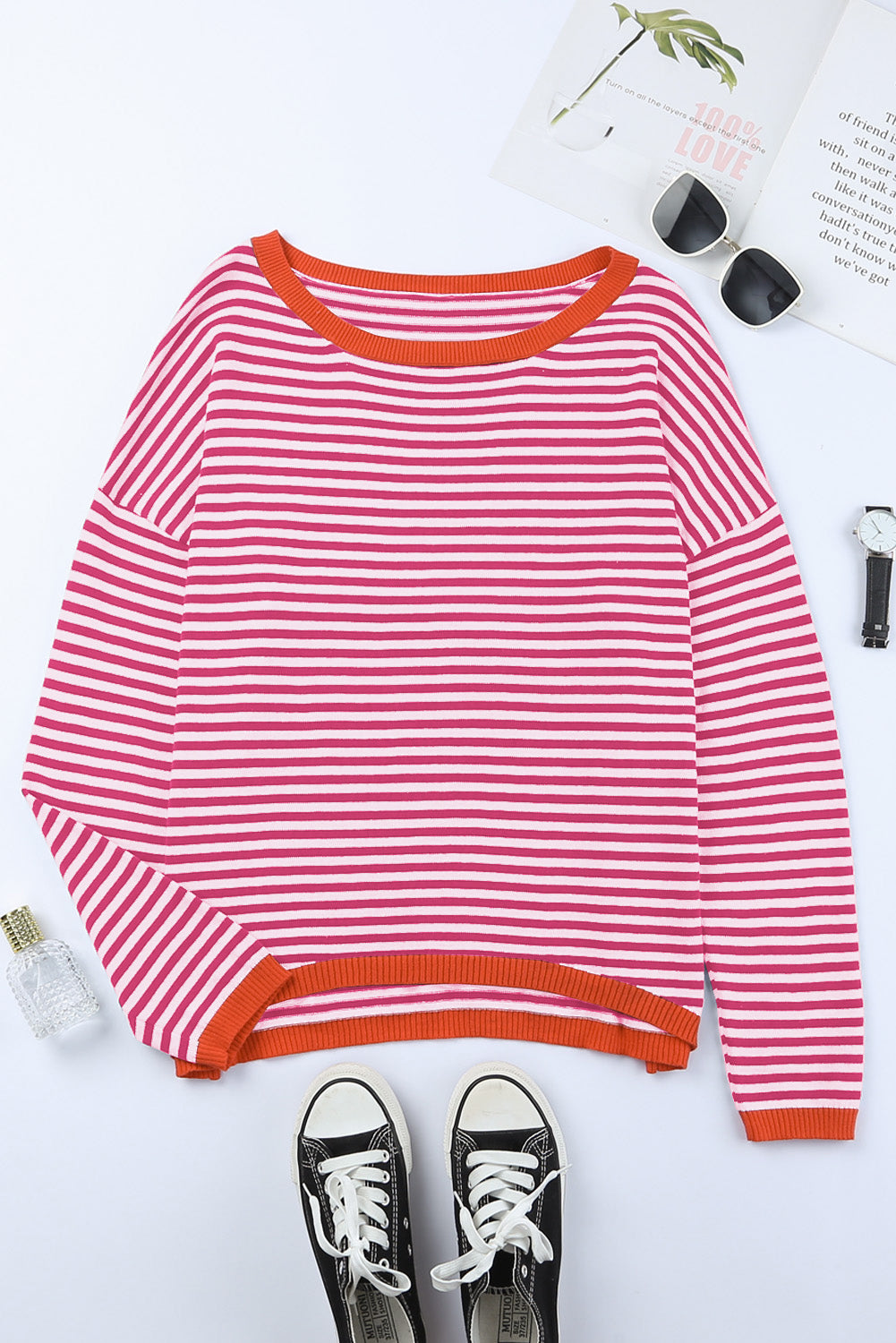 Kontrastfarbig Gestreifter Pullover Mit Überschnittenen Schultern