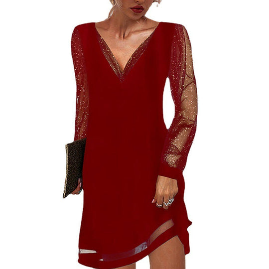 R&B | Solides Kleid mit Spitzenbesatz und V-Ausschnitt
