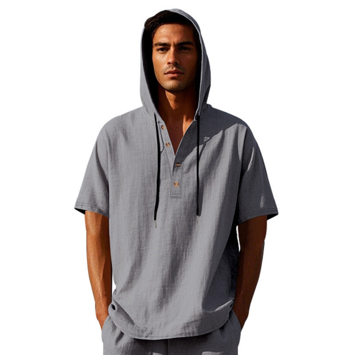 R&B | Leinen-Knopf-Strand-Kapuzen-Henley-Shirt