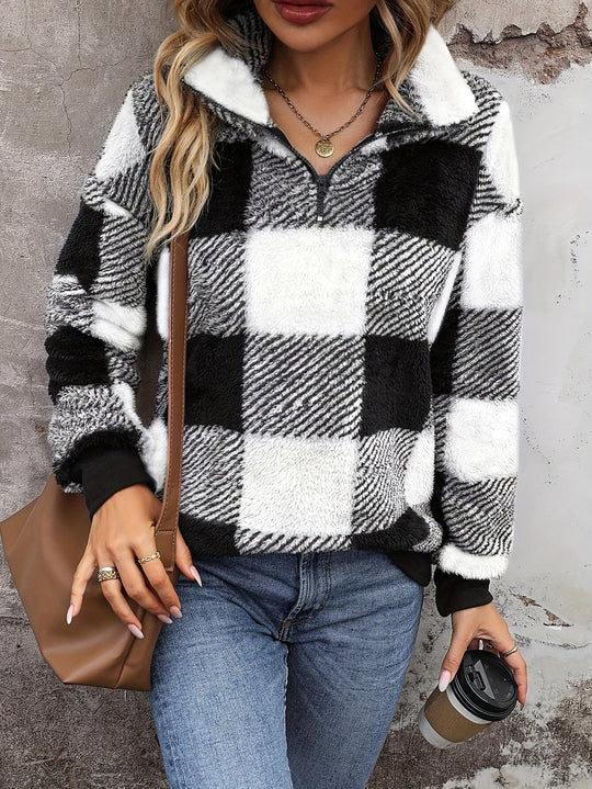 R&B | Weicher Karierter Pullover mit Halbreißverschluss Polyester Komfort und Stil