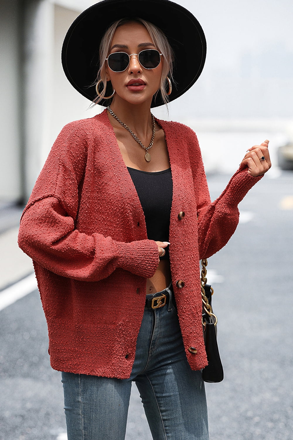 R&B | Knopfleiste Cardigan mit fallen Schultern