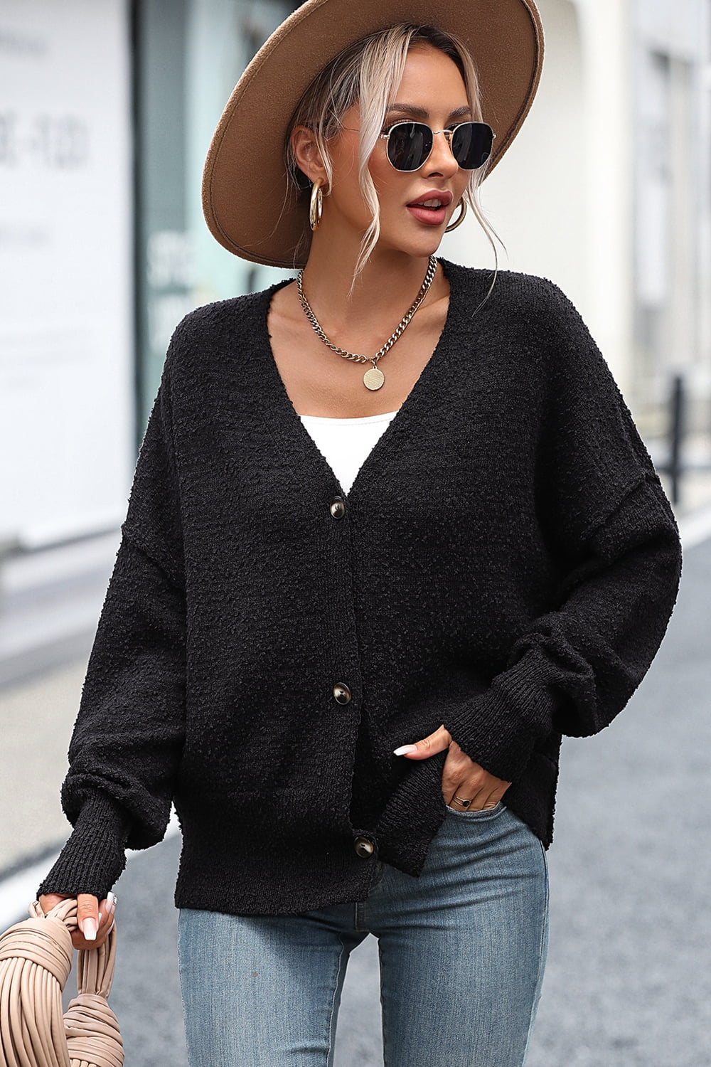 R&B | Knopfleiste Cardigan mit fallen Schultern