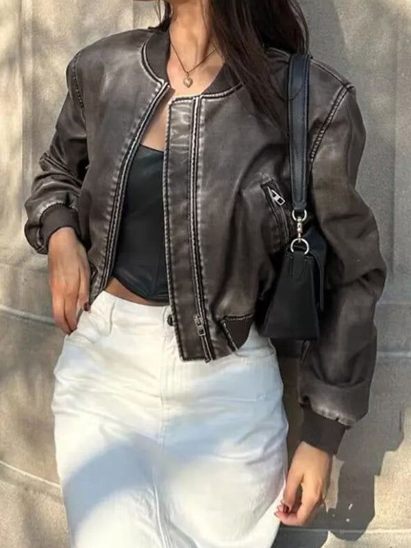 R&B | Einfarbige Leder-Bomberjacke
