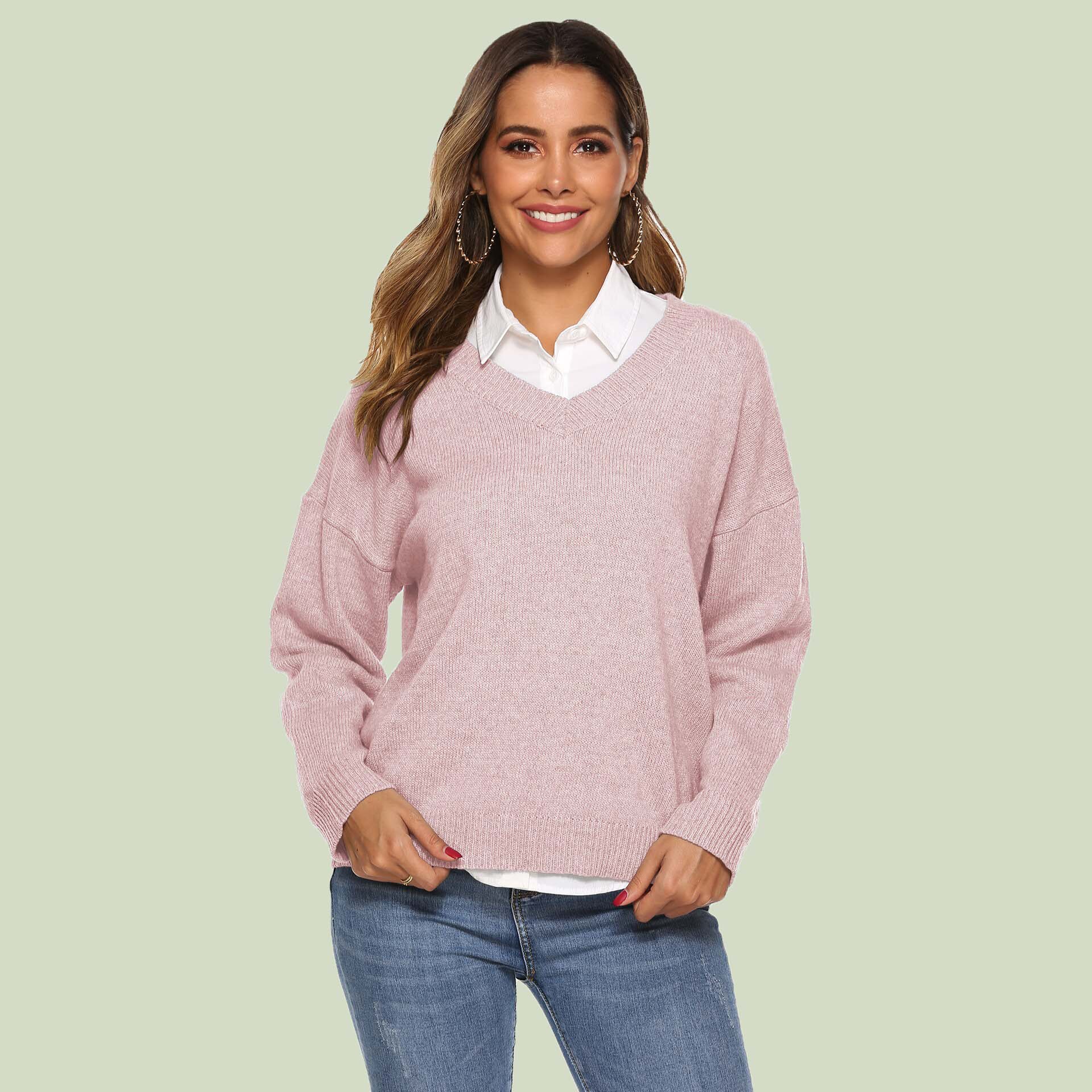 R&B | Strickpullover V-Ausschnitt Lockere Passform Lange Ärmel Weich und Bequem