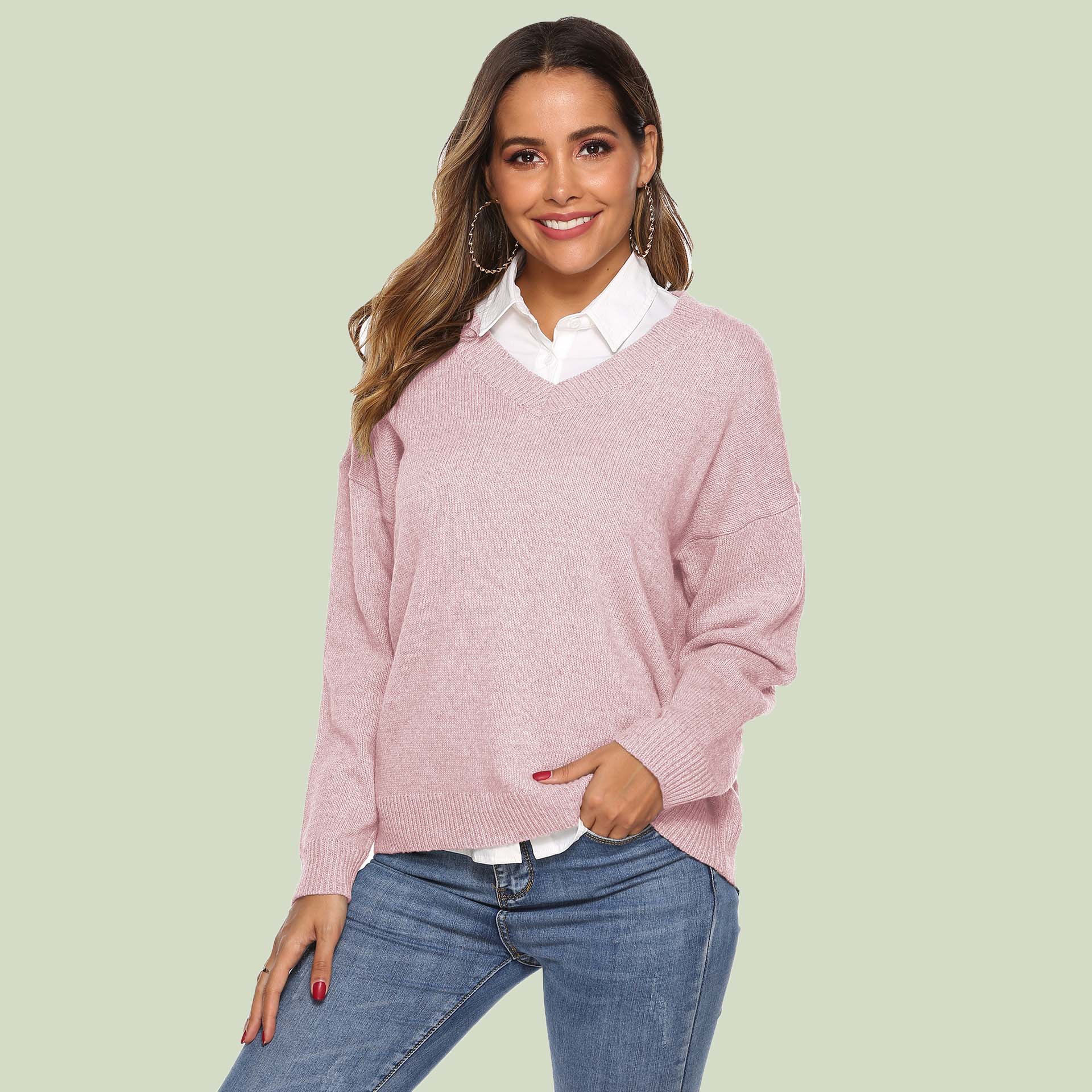 R&B | Strickpullover V-Ausschnitt Lockere Passform Lange Ärmel Weich und Bequem