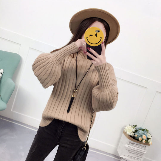 Damen Strickpullover mit hohem Kragen und lässigem Schnitt R&B