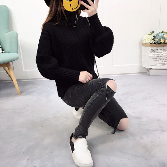 Damen Strickpullover mit hohem Kragen und lässigem Schnitt R&B