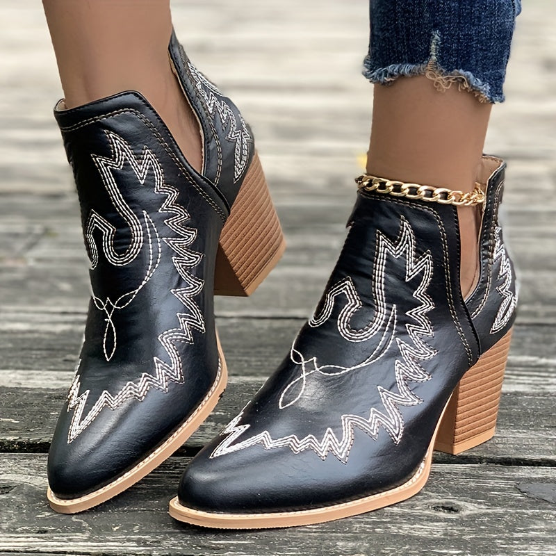 R&B | Damen Westernstiefel mit Blockabsatz und Retro-Stickerei