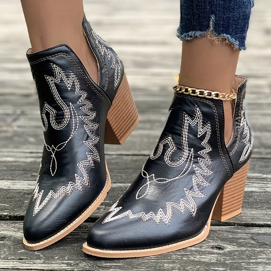 R&B | Damen Westernstiefel mit Blockabsatz und Retro-Stickerei