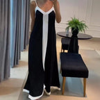 R&B | Kontrastfarbenes langes Kleid mit V-Ausschnitt und Strapsen