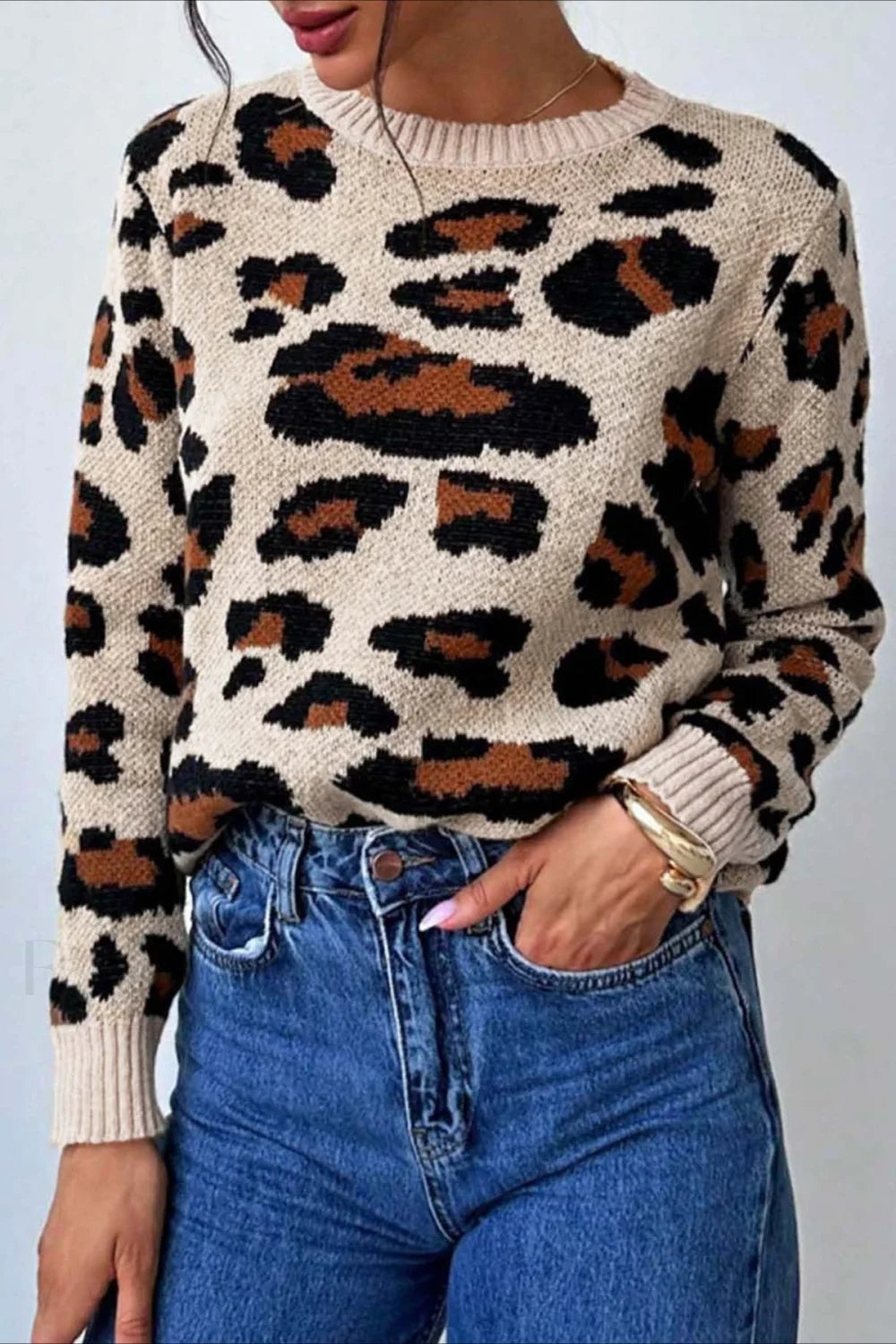 R&B | Pullover mit Rundhalsausschnitt und Leopardenmuster in Blockfarben