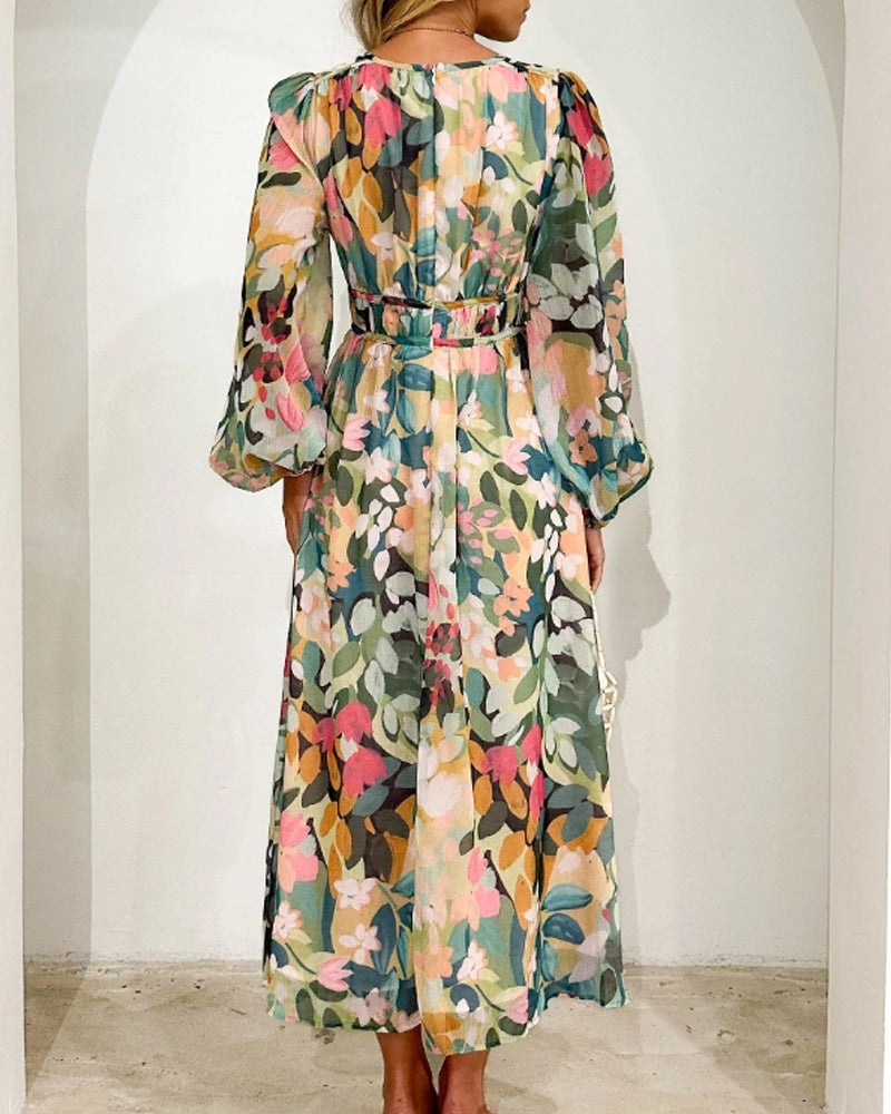 R&B | Elegantes Kleid mit Blumendruck und V-Ausschnitt