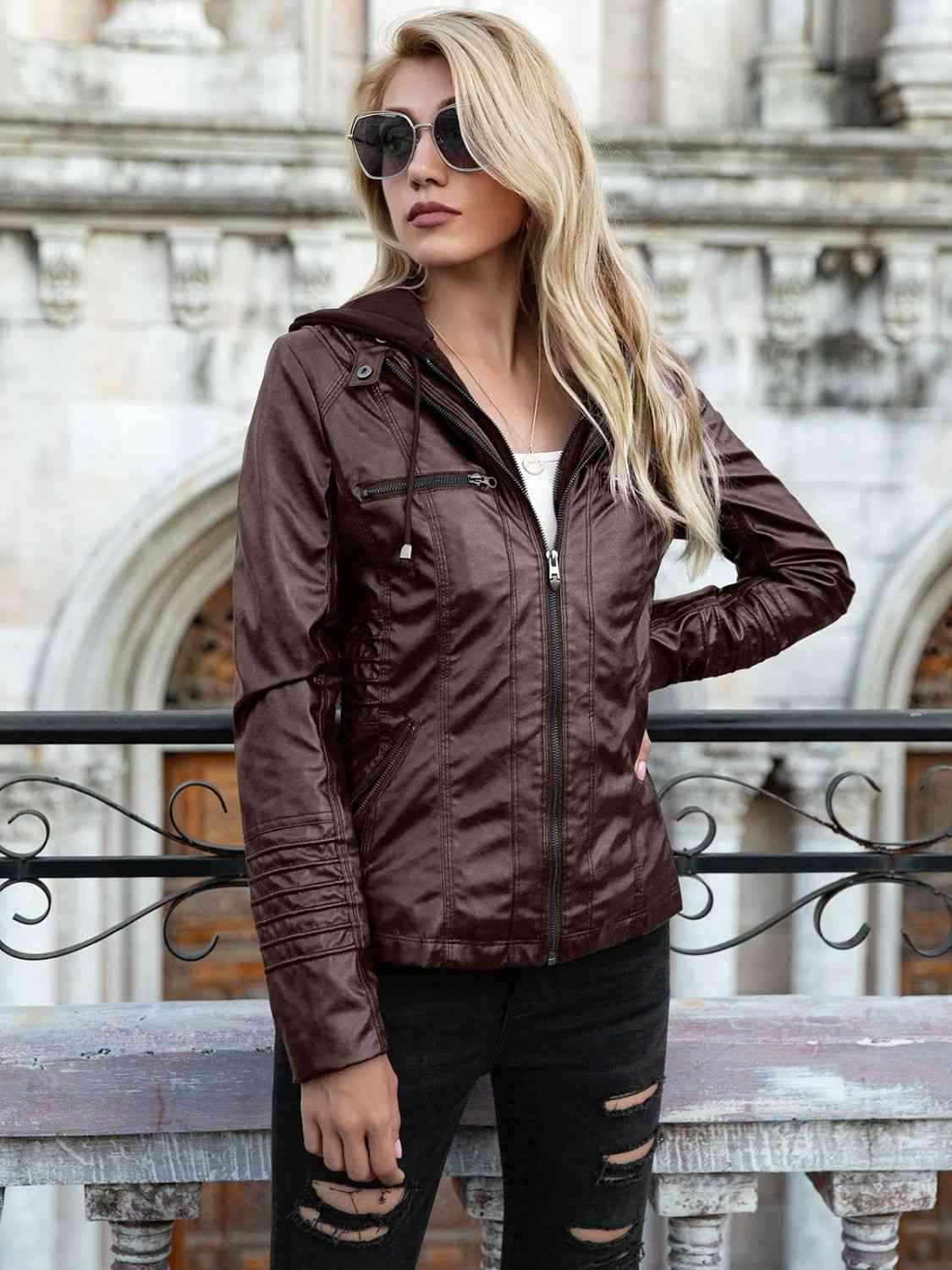 R&B | PU-Jacke mit Kapuze und durchgehendem Reißverschluss