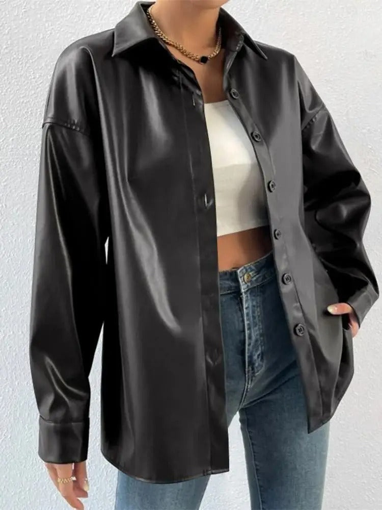 R&B | Vintage Leder Bomberjacke mit Reverskragen und Knopfverschluss