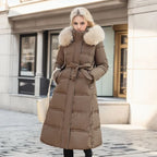 R&B | Damen lange Winterjacke mit Pelzmütze und Gürtel