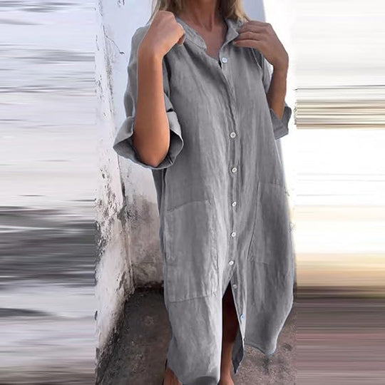 R&B | Lockeres Langes Kleid mit Langen Ärmeln und Seitentaschen Kleid