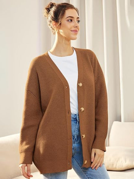 R&B | Cardigan - Damen Herbst Oversized V-Ausschnitt Knopf Cardigan