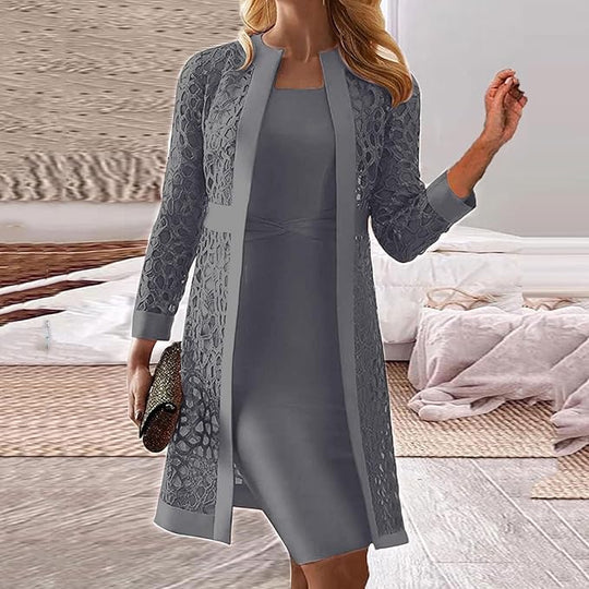 R&B Damen 2-teiliges Kleid-Set mit Spitzen-Cardigan