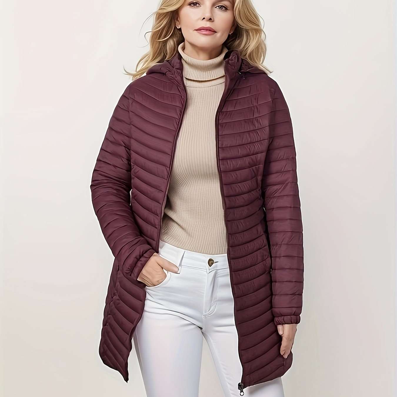 R&B | Lässige Steppjacke mit Kapuze und Reißverschluss Auf Der Vorderseite