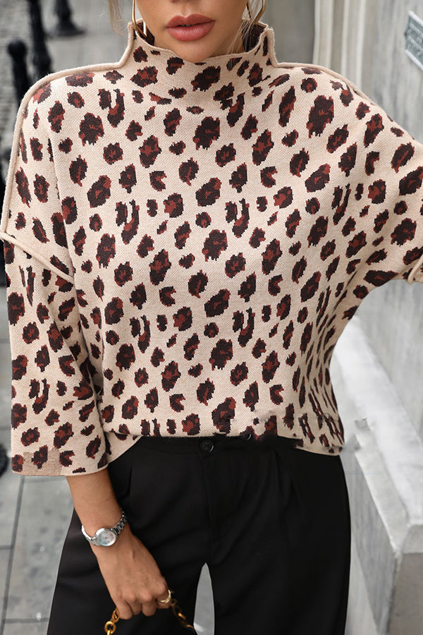 R&B | Strickpullover mit Leopardenmuster und lockerem Rollkragen