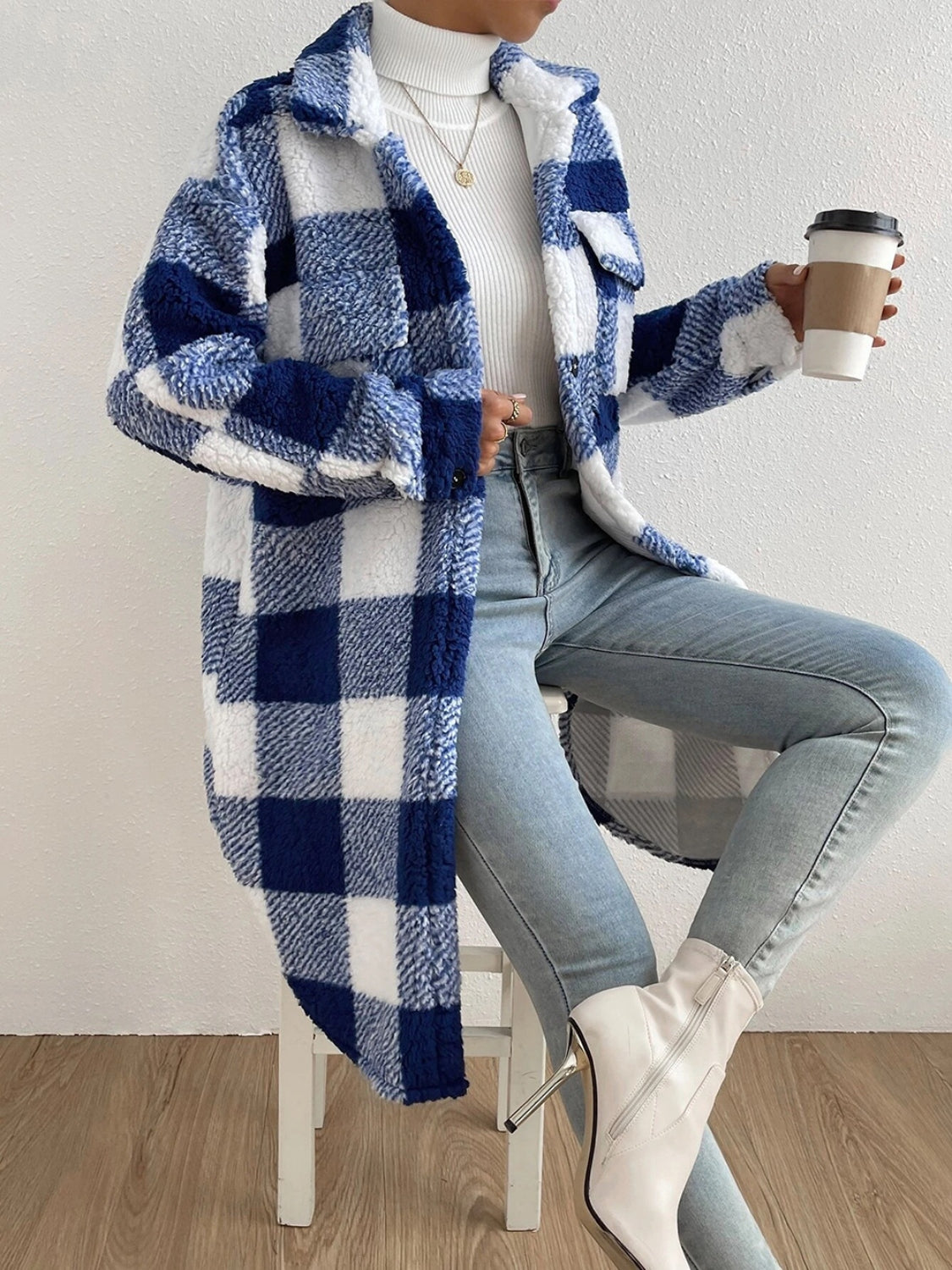 R&B | kariert Jacke mit plüschigem Kragen und Knöpfen