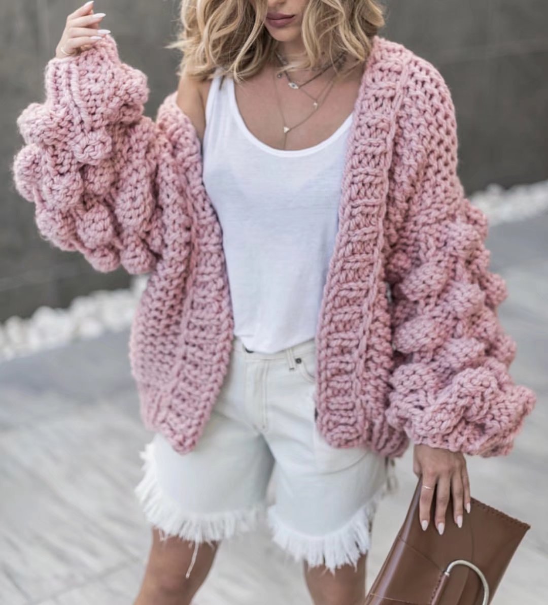 Damen Grob gestrickte Oversized-Jacke mit hohem Kragen und Kapuzendesign R&B