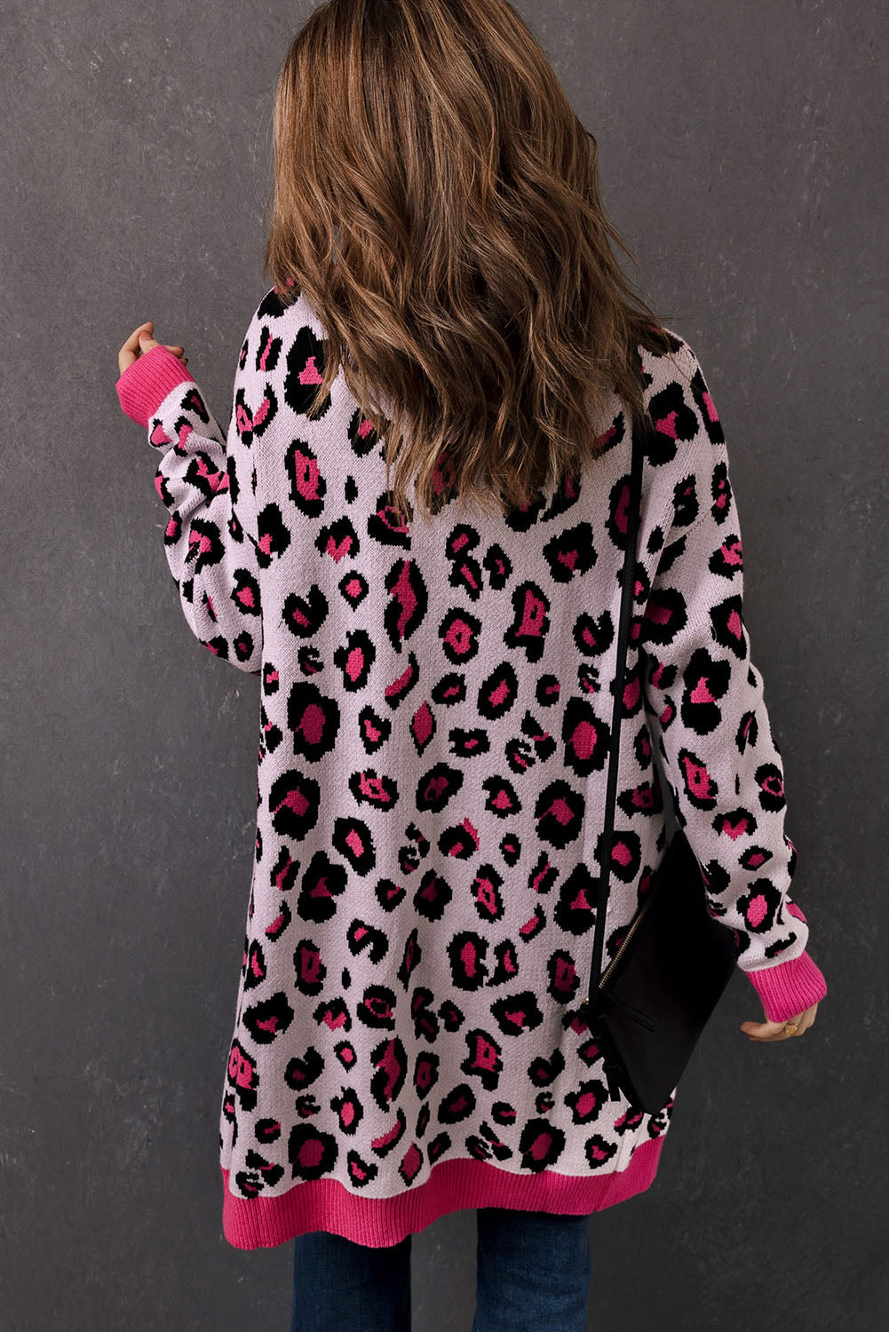 R&B | Leopard-Kontrastbesatz Offene Vorderseite Langarmlange Strickjacke