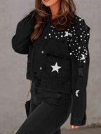 R&B | Perlenbesatz Knopf-Down Denimjacke mit Taschen