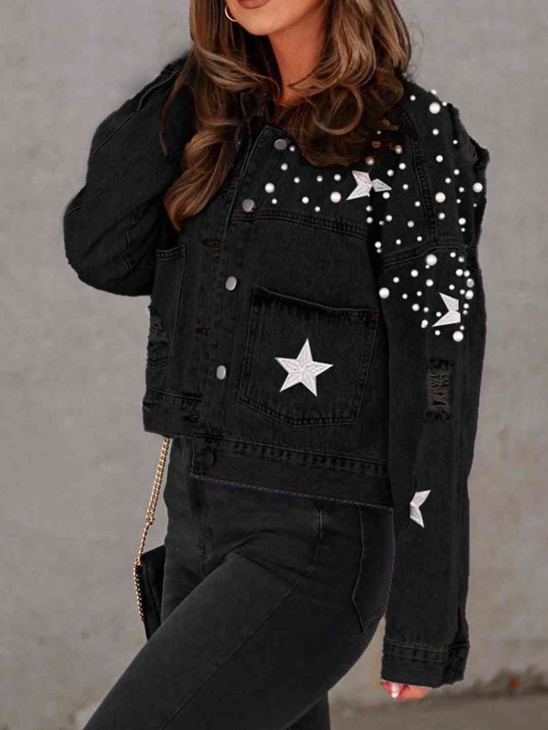 R&B | Perlenbesatz Knopf-Down Denimjacke mit Taschen