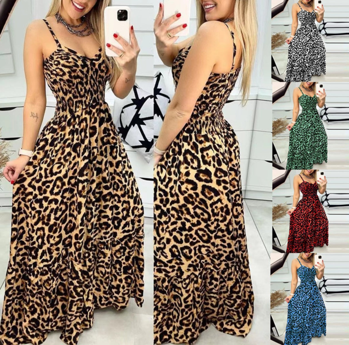 R&B | Kleid mit Leopardenmuster und Hosenträgern mit V-Ausschnitt