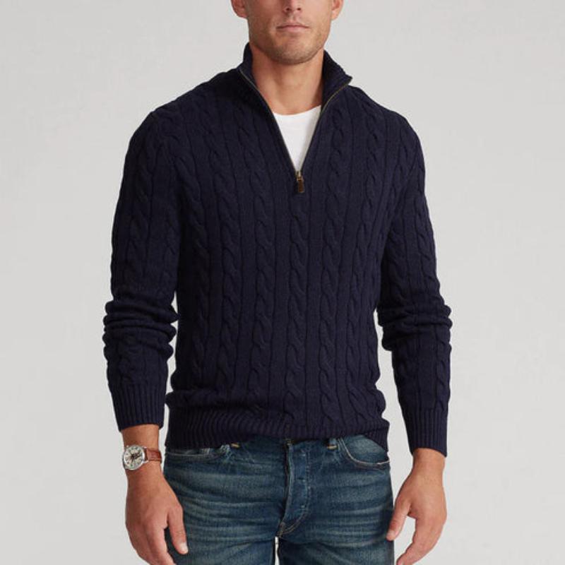 R&B | Pullover mit Zopfmuster und Halbem Reißverschluss - Eleganter Freizeit-Strickpullover