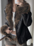 R&B | Amerikanischer Stil Pelzkragen Patchwork Lederjacke