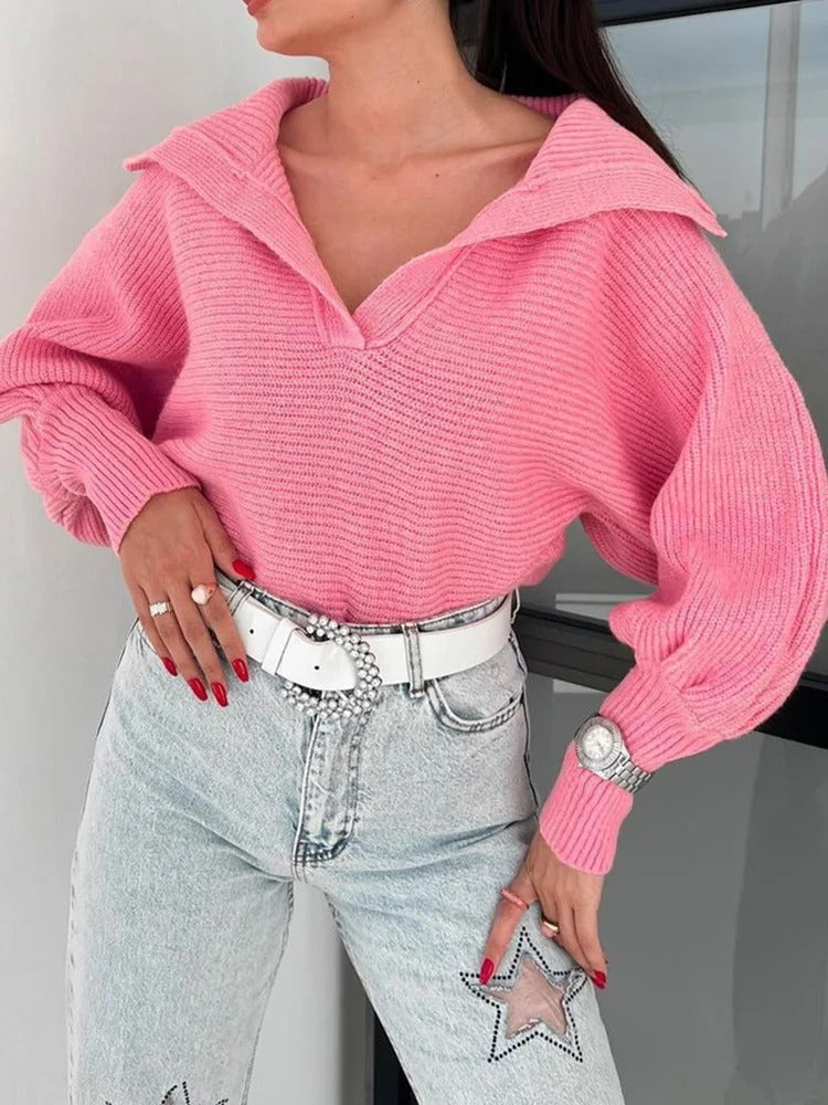 R&B | Strickpullover mit Laternenärmeln und offenem Kragen