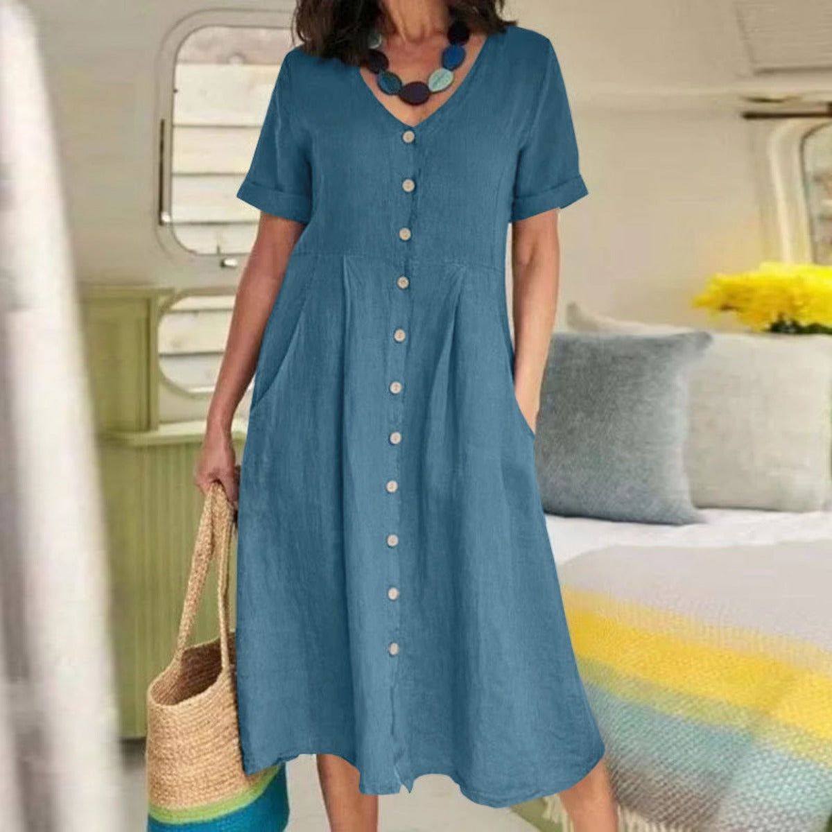 R&B | Lockeres Kleid aus Baumwolle und Leinen mit hoher Taille