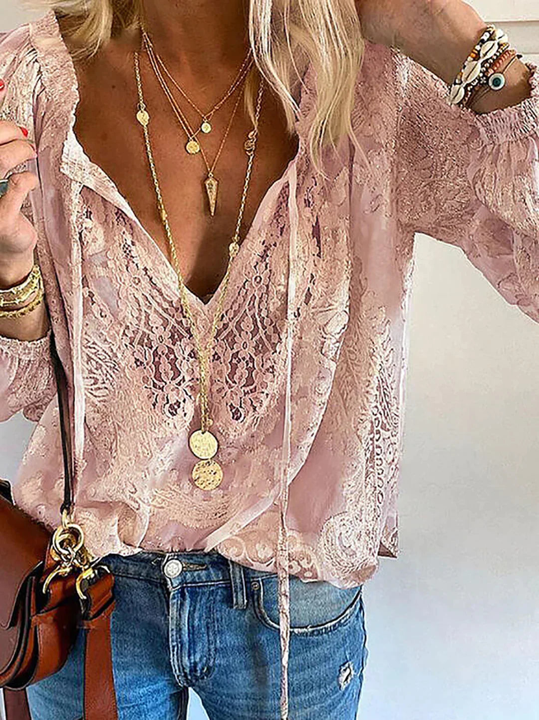 R&B | V-Ausschnitt Spitzen Chiffon Bluse