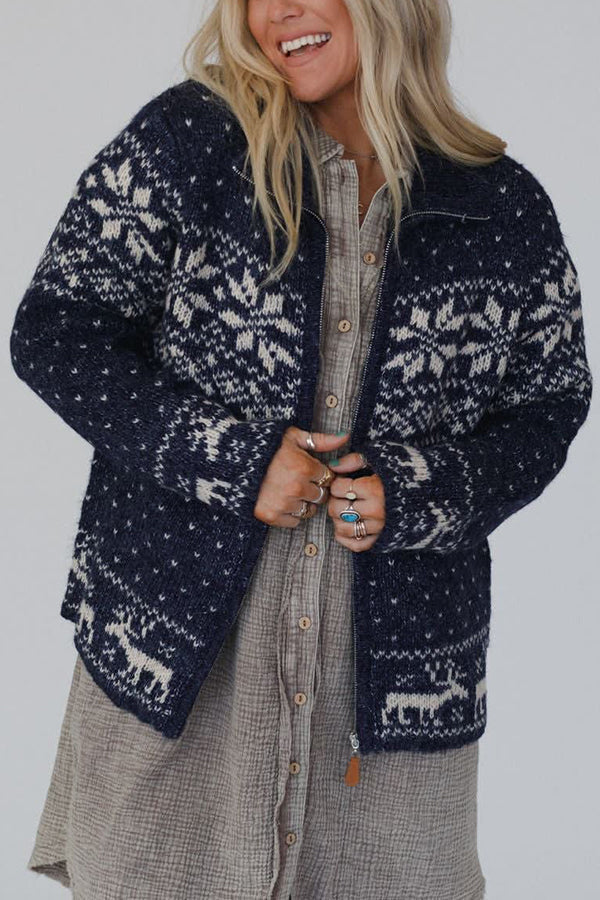 R&B | Weihnachts-Schneeflocken-Elch-Reißverschluss Langarmpullover