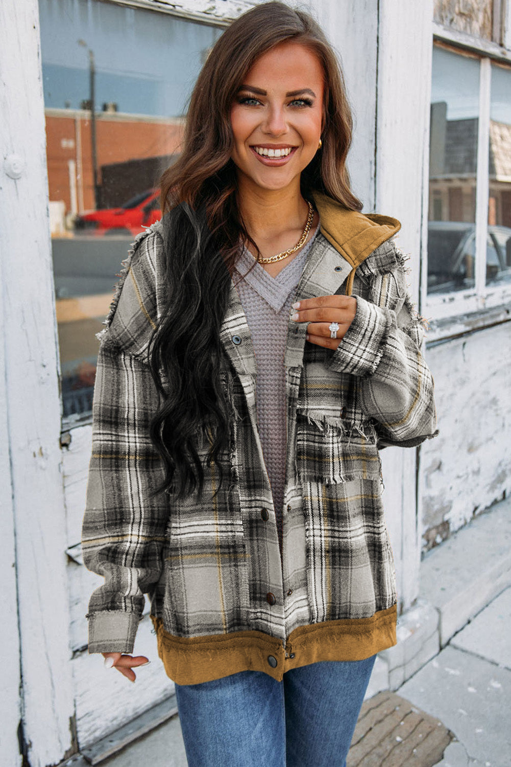 R&B | Karierte Jacke mit Kapuze und Rohen Kanten Baumwolle Lässig und Trendy