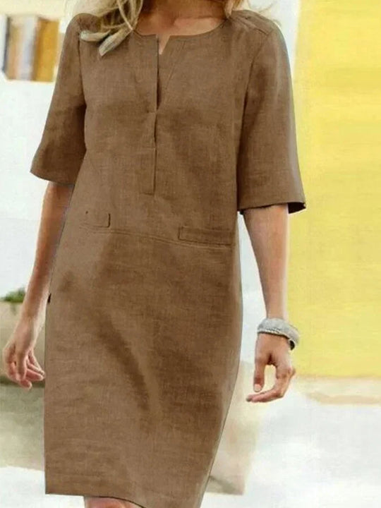 R&B | Damen Kurzarm Baumwolle und Leinen Kleid