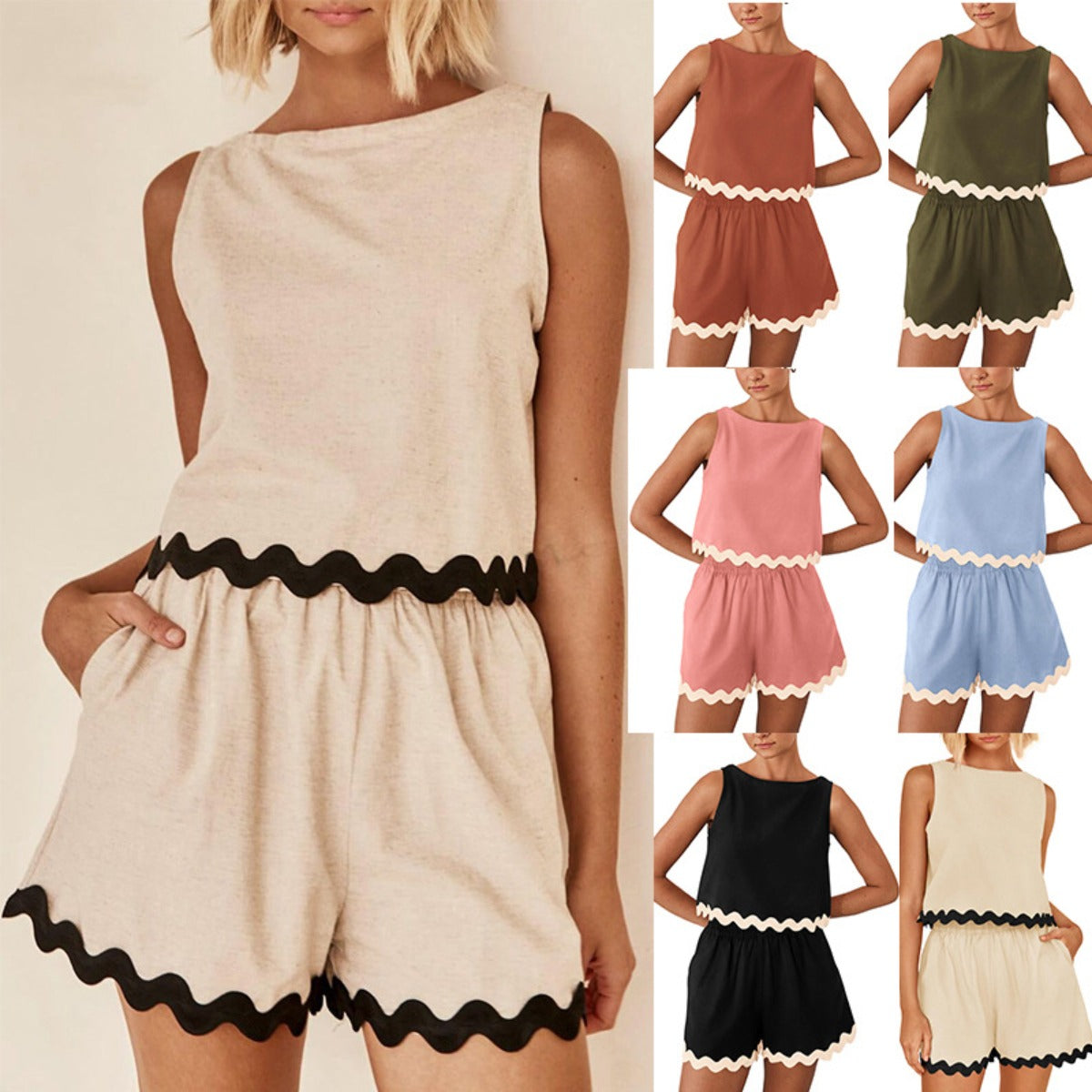 R&B | Zweiteiliges Oberteil und Shorts aus Leinen und Spitze